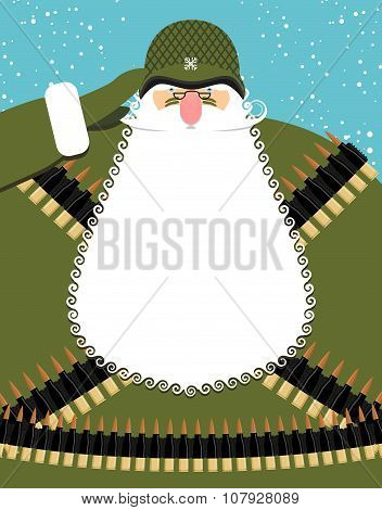 Military Santa Claus. Old Soldier With Beard And Mustache. Military Equipment: Machine Gun Belt. Bol