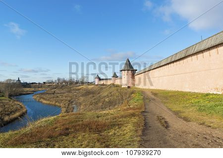 SUZDAL RUSSIA -06.11.2015. Wall of a St Euthymius monastery. Golden Ring of Travel.