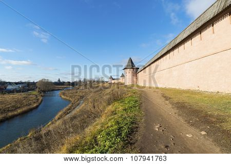 SUZDAL RUSSIA -06.11.2015. Wall of a St Euthymius monastery. Golden Ring of Travel.