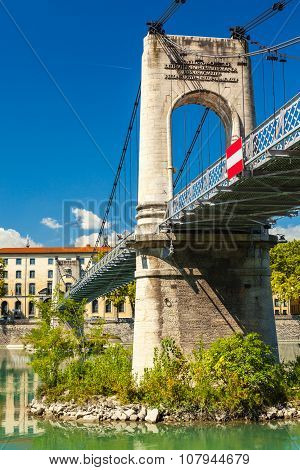 Old Passerelle Du College Bridge Over Rhone River In Lyon, France