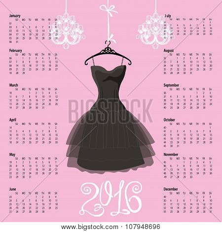 Calendar 2016 year.Black dress Silhouette