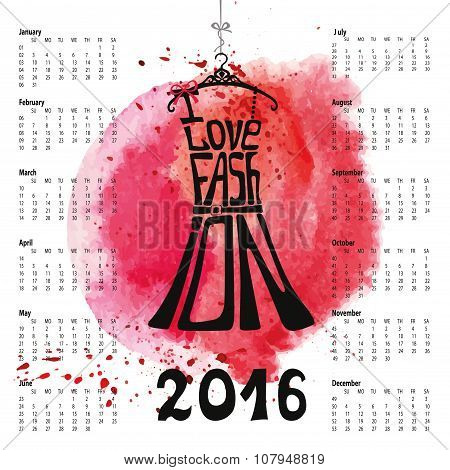 Calendar 2016 year.Lettering.Dress Silhouette