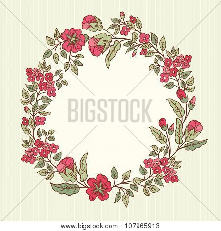 Vector Vintage Greeting Card With A Doodle Flowers Bouquet And Frame For Text On Retro Striped Backg