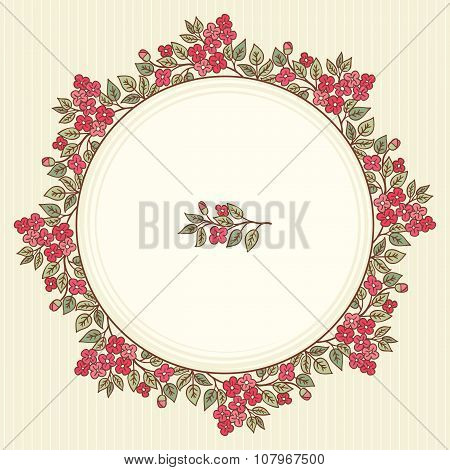 Vector Vintage Greeting Card With A Doodle Flowers Bouquet And Frame For Text On Retro Striped Backg