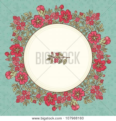 Vector Vintage Greeting Card With A Doodle Red Flowers Bouquet And Frame For Text On Retro Dirty Bac