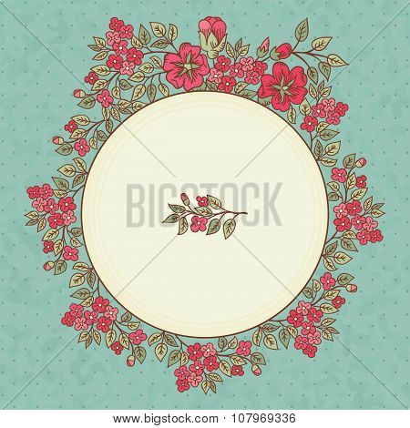 Vector Vintage Greeting Card With A Doodle Red Flowers Bouquet And Frame For Text On Retro Dirty Bac