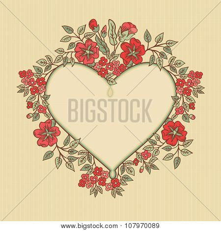 Vector Vintage Greeting Card With A Doodle Red Flowers Bouquet And Frame For Text On Retro Striped B