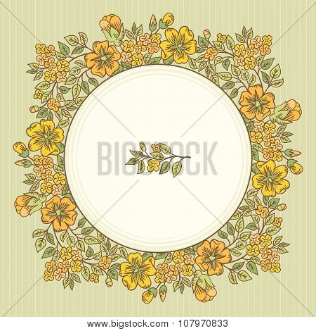 Vector Vintage Greeting Card With A Doodle Flowers Bouquet And Frame For Text On Retro Striped Backg