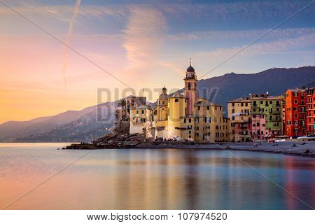 Beautiful Small Mediterranean Town at the sunrise time - Camogli, Italy, European travel
