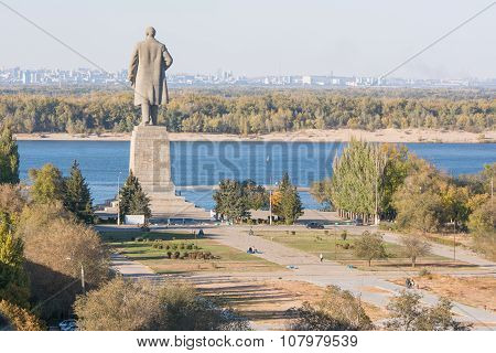 View Of The Alley Leading To The Central Promenade, And A Statue Of Lenin In The Krasnoarmeysk Distr