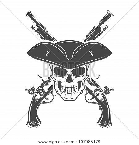 Evil captain skull in cocked hat vector template. Jolly Roger logo template. death crest design. Pis