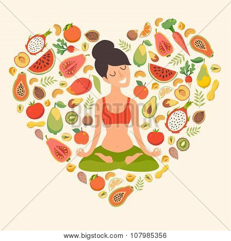 Beautiful girl in the lotus position  on the background with fruit