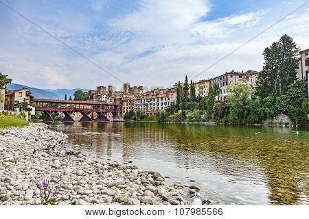 The Old Wooden Bridge Spans The River Brenta At The Village Basano Del Grappa