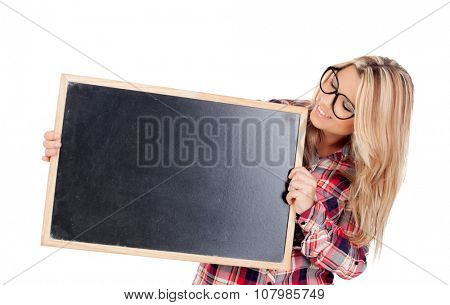 Beautiful blonde girl with glasses holding a slate isolated on a white background