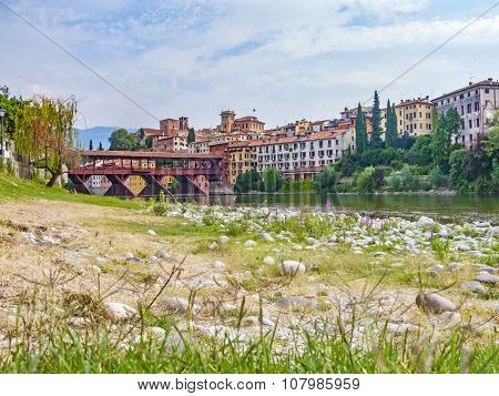 The Old Wooden Bridge Spans The River Brenta At The Village Basano Del Grappa