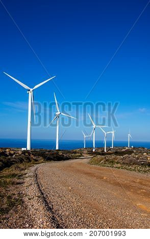 Wind turbines at a wind farm, Crete, Greece
