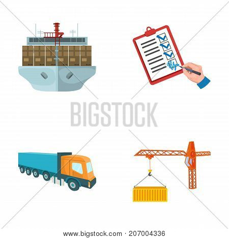 Sea freight, signature of delivery documents, truck, tower crane with a container. Logistics and delivery set collection icons in cartoon style isometric vector symbol stock illustration .