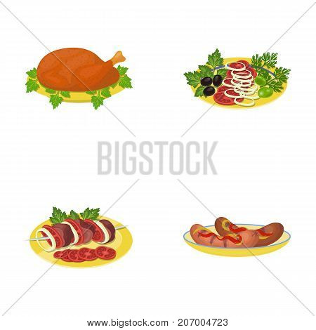 Fried chicken, vegetable salad, shish kebab with vegetables, fried sausages on a plate. Food and Cooking set collection icons in cartoon style vector symbol stock illustration .