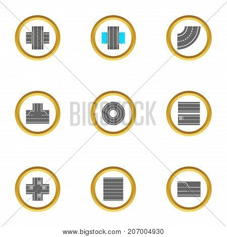 Types of road icons set. Cartoon style set of 9 types of road vector icons for web design