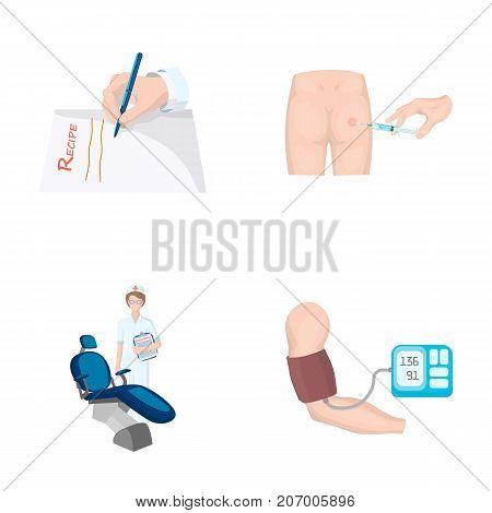 Intramuscular injection, prescription, Dentist, blood pressure measurement. Medicineset collection icons in cartoon style vector symbol stock illustration .