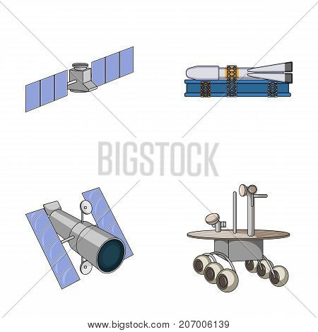 The space station in orbit, the preparation of the launch rocket, the lunar rover on the surface. Space technology set collection icons in cartoon style vector symbol stock illustration .