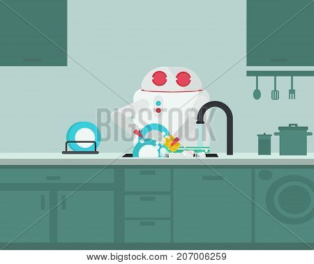 Domestic robot washing dishes in the kitchen. Personal robot housekeeping futuristic concept illustration vector.