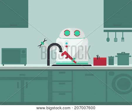 Domestic robot plumber fixing faucet in the kitchen. Personal robot assistance futuristic concept illustration vector.