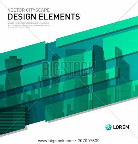 Design element for corporate graphic layout. Modern abstract geometry background template design whith colored cityscape vector illustration for investment, business, real estate, construction.