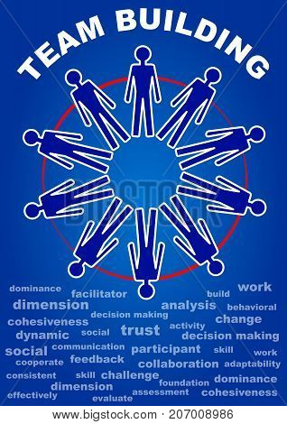 Team building presentation leaflet. Flyer with people in a circle, terms of team work. White line on dark blue background. Accompanying material for teaching, education, training. Vector EPS 10