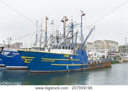 New Bedford Massachusetts USA - September 23 2017: Fishing vessel Luzitano docked on New Bedford waterfront