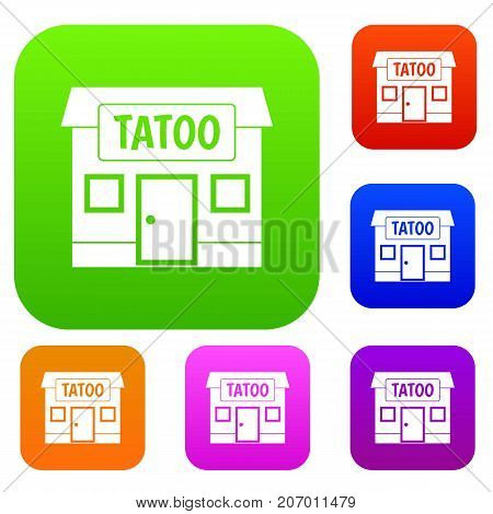 Tattoo salon building set icon color in flat style isolated on white. Collection sings vector illustration