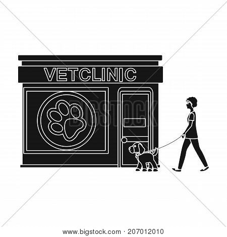 Visiting the vet clinic, the pet, dog on a leash with the hostess. Pet, dog care single icon in black style vector symbol stock illustration .