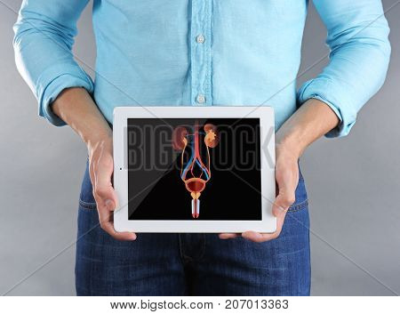 Young man holding tablet with illustration of urinary system on grey background. Cancer concept