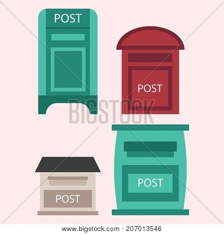 Beautiful rural curbside open and closed mailboxes with semaphore flag postbox vector illustration. Traditional communication empty postage post mail box. Letter message service correspondence.