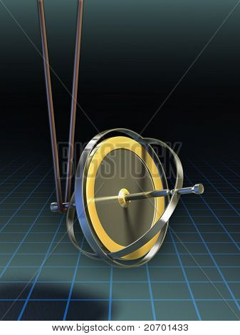 Gyroscope stands in equilibrium suspended by a string. Digital illustration, clipping path included to isolate string and gyroscope from background.