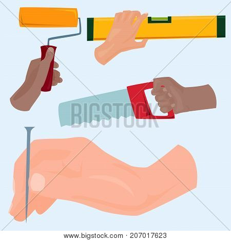 Hands with construction tools worker equipment. House renovation handyman vector illustration. Carpenter industrial build job wrench repair working body part.