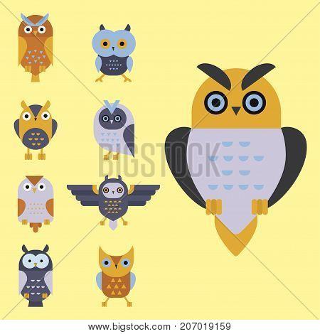 Cute vector funny cartoon owls animal character comic funny doodle cheerful bird owl. Adorable different wild expression owlet bird
