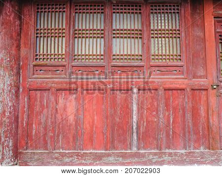 The old window in the chinese templeMade of the wood. At the Wudang Mountain 2017 SEP 09Hubei China