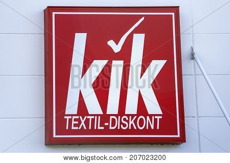 WETZLAR GERMANY JULY 2017: KIK textile discounter chain sign. KIK is a GERMAN textile discounter chain based in Bönen Nordrhein Westfalen Germany.