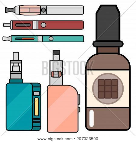 Vape device vector set cigarette vaporizer vapor juice vape bottle flavor illustration battery coil. Trend new culture electronic nicotine liquid. Smoking atomizer device e-liquid.