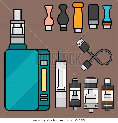 Vape device vector set cigarette vaporizer vapor juice vape bottle flavor illustration battery coil. Trend new culture electronic nicotine liquid. Smoking atomizer device e-liquid.