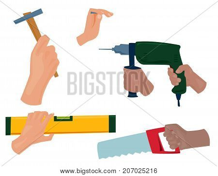Hands with construction tools worker equipment. House renovation handyman vector illustration. Carpenter industrial build job wrench repair working body part.