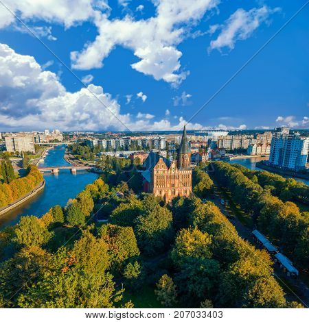 Aerial cityscape of Kant Island in Kaliningrad, Russia at sunny autumn day with beautiful cloudy sky