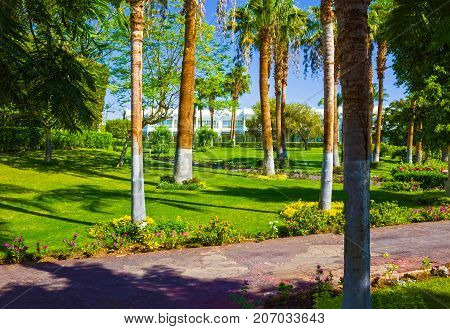 Sharm El Sheikh, Egypt - September 26, 2017: Buildings and pool area at Monter Carlo Sharm Resort and SPA at Sharm El Sheikh, Egypt on September 26, 2017