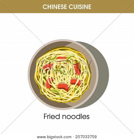 Chinese cuisine fried noodles traditional dish with spice chili pepper in bowl plate. Vector flat isolated icon for China restaurant menu or cooking recipe template