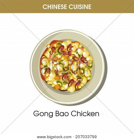 Chinese cuisine Gong Bao or Kung Pao chicken traditional dish with bean and vegetable garnish in sauce on plate. Vector flat isolated icon for China restaurant menu or cooking recipe template