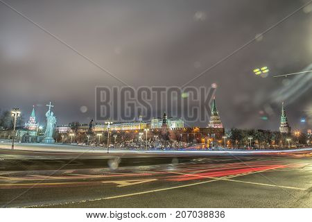 Monument of Vladimir. Moscow Kremlin in winter night. Russia