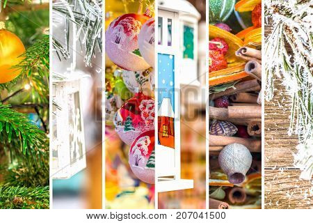 mixture of different Christmas theme vertical shaped pictures with white vertical stripes multicolor Christmas theme