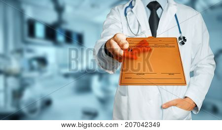 Male Doctor Holding Tablet With Diagnosis, Prescription Or Medical Data. Healthcare Insurance Medicine Concept
