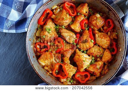 Chunks Of  Pork In Frying Pan